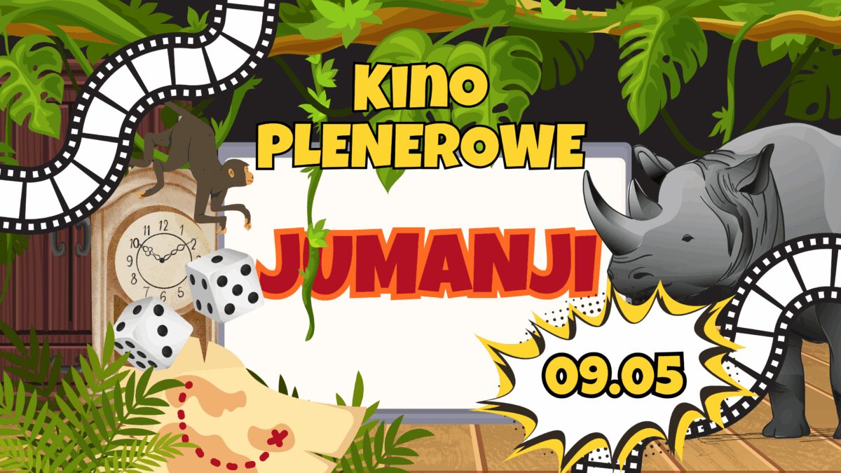 Plakat kina plenerowego z filmem 'Jumanji', data pokazu: 09.05, motyw dżungli.