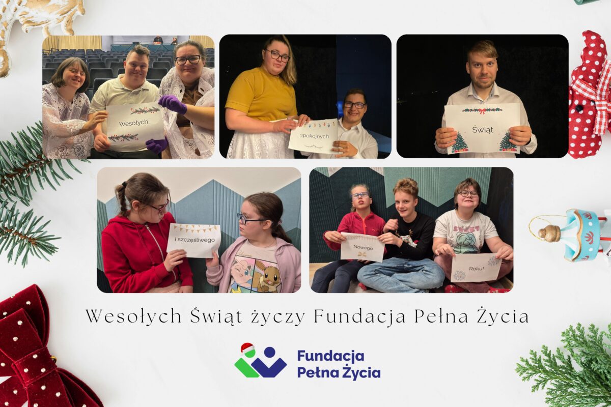 kartka świąteczna, na niej zdjęcia Podopiecznych Fundacji z kartkami: spokojnych i wesołych świąt oraz szęśliwego nowego roku