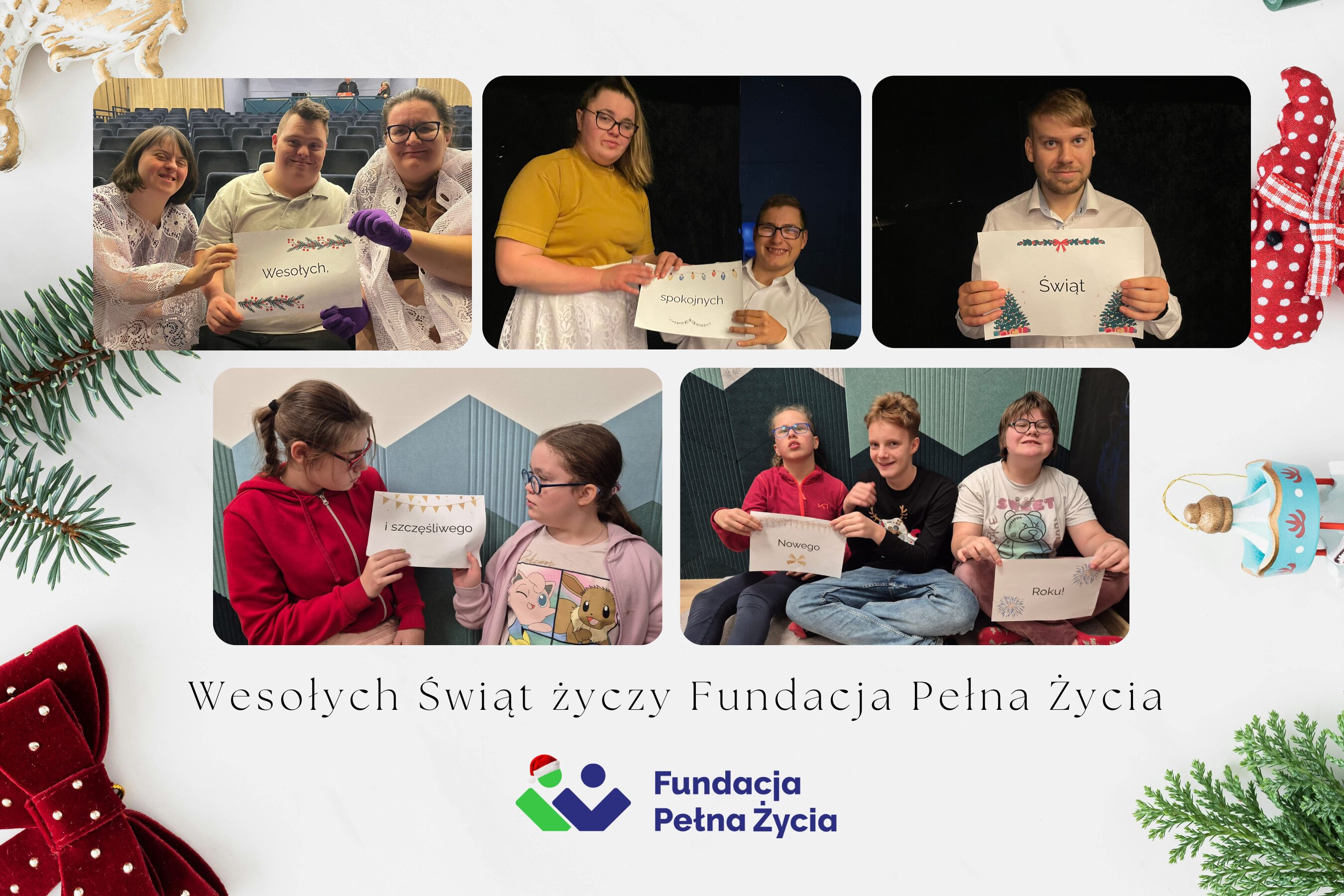kartka świąteczna, na niej zdjęcia Podopiecznych Fundacji z kartkami: spokojnych i wesołych świąt oraz szęśliwego nowego roku