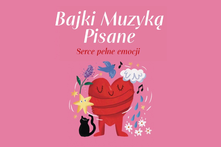 Bajki muzyką pisane. Serce pełne emocji. Grafika przedstawiajaca przytulające same siebie serce, wokół którego są: lawenda, ptak, chmura, nutka, deszcz, kot i gwiazdka